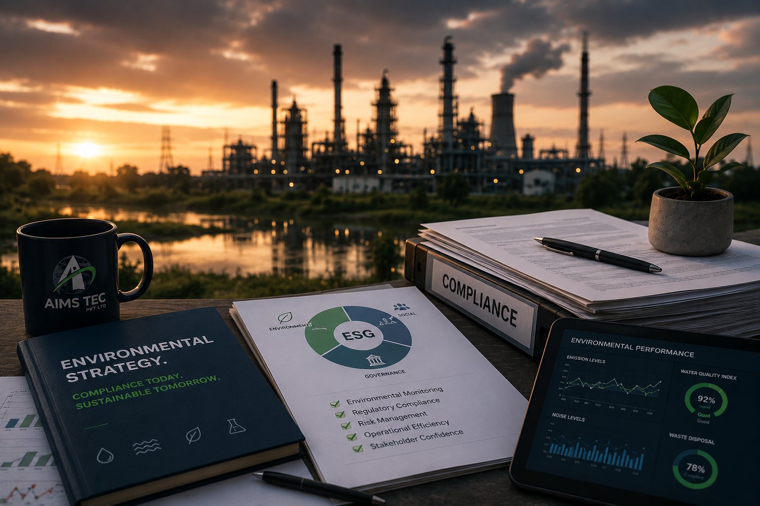 Environmental strategy notebook, ESG framework diagram, compliance documentation binder, and environmental performance dashboard showing emission levels, water quality index, and waste disposal metrics — set against an industrial facility at sunset.