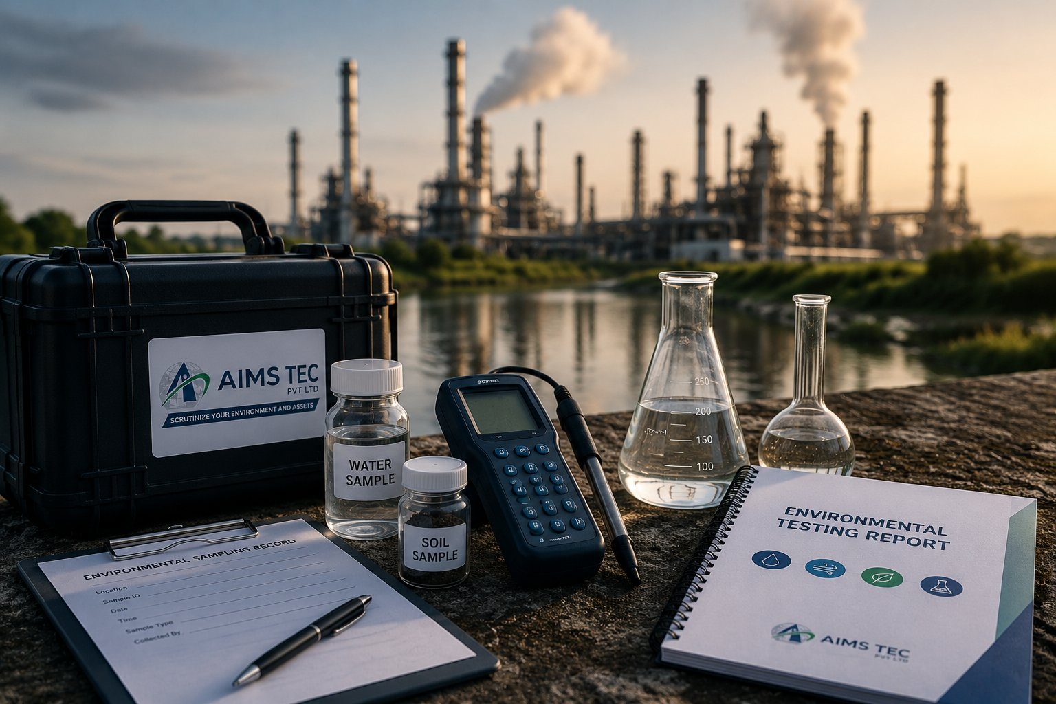 AIMS TEC field sampling kit with water and soil sample vials, a portable meter, laboratory glassware, an Environmental Sampling Record clipboard, and an Environmental Testing Report — set against a riverfront industrial facility at dusk.