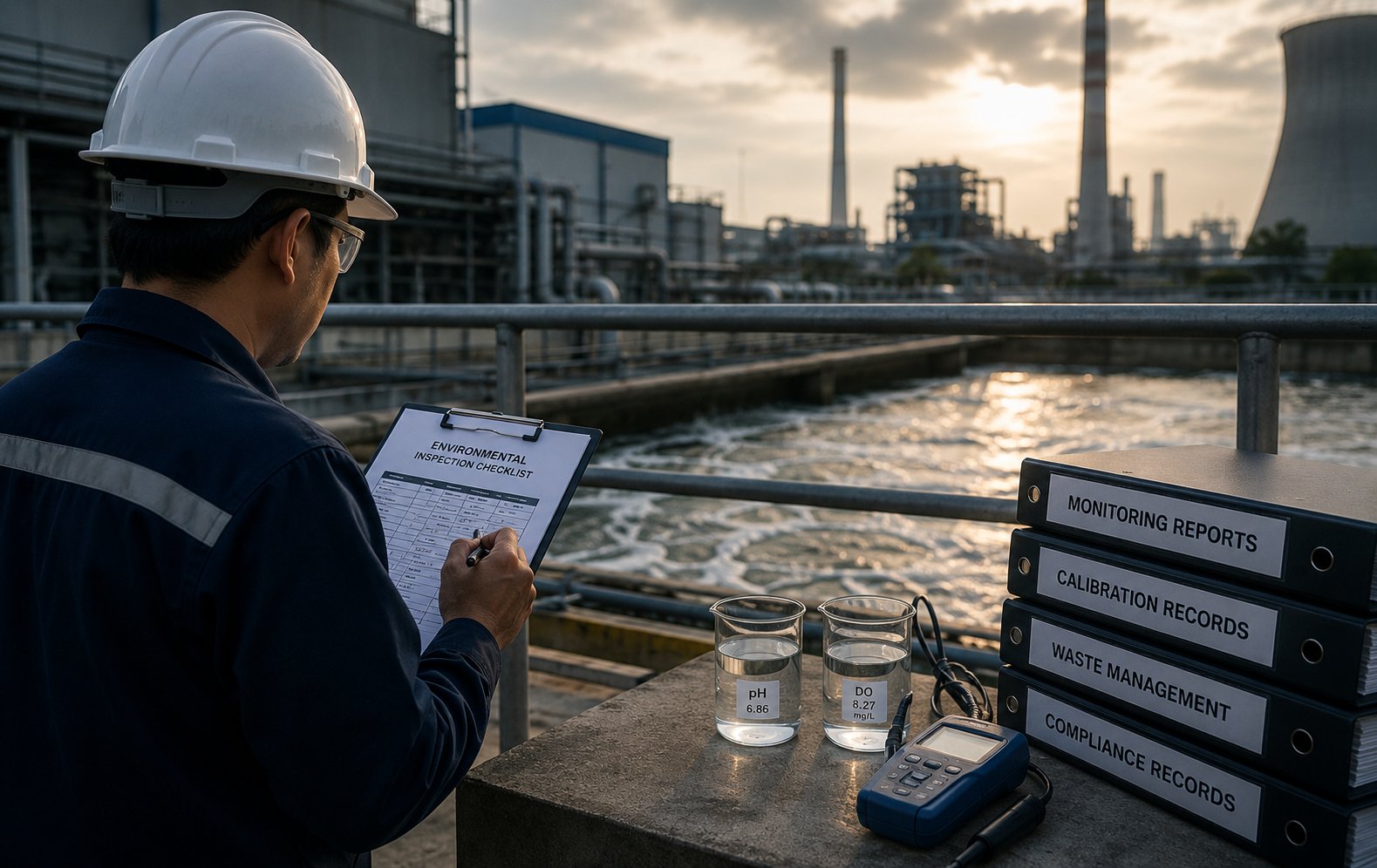 Environmental inspector completing an Environmental Inspection Checklist on a clipboard at a wastewater treatment facility, with pH and DO sample beakers, a calibration meter, and compliance binders labelled Monitoring Reports, Calibration Records, Waste Management, and Compliance Records in the foreground — industrial plant silhouetted at dusk in the background.